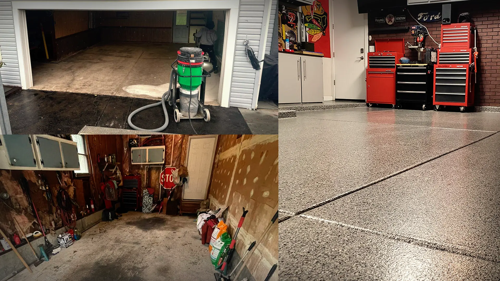 Before and after photos of a garage floor.